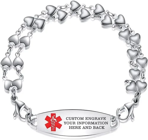 Miniatura 4 de LinnaLove Pulsera de alerta médica intercambiable de acero inoxidable con eslabones de corazón