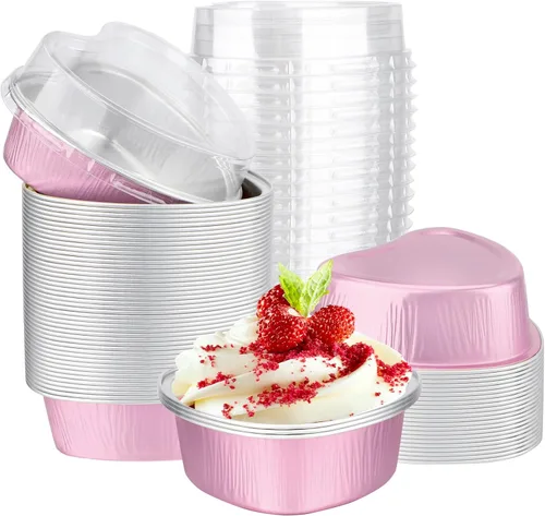 Miniatura 7 de EUSOAR Moldes para hornear en forma de corazón, de papel de aluminio, de 3.4 onzas, con tapas, aperitivos, postres, flan, cupcakes, tartas, ramekin