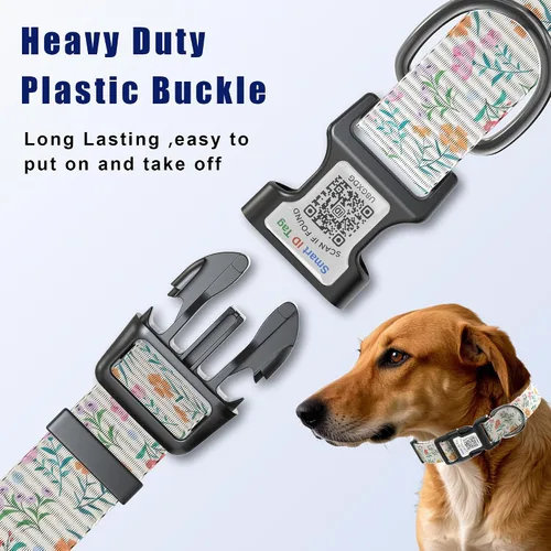 Miniatura 3 de Collares de perro para perros grandes, collar de perro con etiqueta de nombre de código QR, material de poliéster suave, collar ajustable para Flor