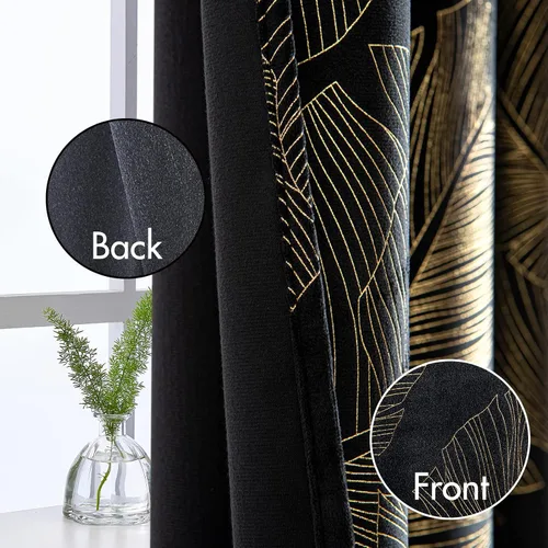 Miniatura 6 de MIULEE Cortinas opacas de terciopelo negro de 84 pulgadas de largo, juego de 2 paneles de cortinas estampadas con estampado de hojas doradas