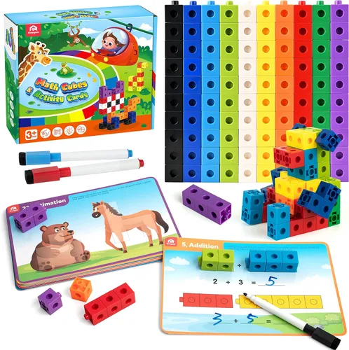 Coogam Manipulativos de matemáticas, juego de matemáticas para niños de 3 a 8 años con cubo de enlace a presión de conteo de números, tarjetas de