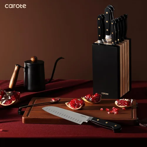 Miniatura 7 de CAROTE Juego de 11 cuchillos con bloque para cocina, hoja súper afilada de acero inoxidable, mango ergonómico con triple remache, bloque magnético