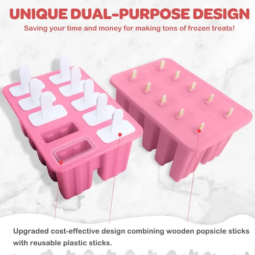 Miniatura 2 de Miaowoof Moldes caseros para paletas, 10 cavidades de silicona sin BPA para hacer paletas heladas, con 50 palitos, 50 bolsas, 10 palitos Rosa