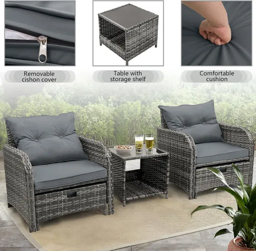 Miniatura 5 de Silla de Patio con Otomanas y Mesa, Juego de Muebles de Patio al Aire Libre de Ratán de Mimbre PE de 5 Piezas, Diseño que Ahorra Espacio Sillas