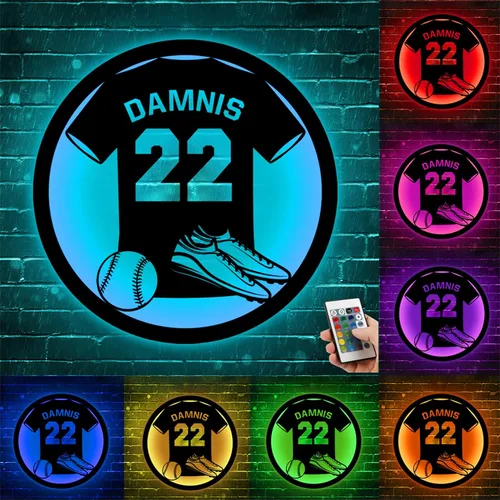 Miniatura 15 de Letrero de metal de béisbol personalizado con luz LED, nombre de camiseta de béisbol personalizable, número, decoración de pared, regalo para casco