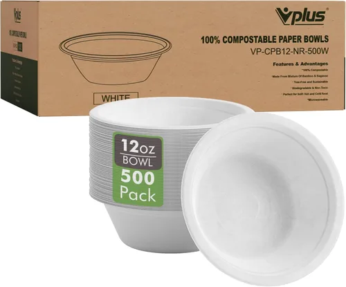 Vplus Paquete de 500 Tazones de Papel de 12 OZ a Granel, Desechables Compostables, Bagazo Ecológico, Tazones Extra Resistentes Perfectos para 500