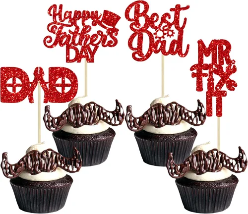 24 adornos para cupcakes con temática de sombrero con purpurina roja para el mejor papá, decoraciones de cumpleaños para papá para arreglarlo tema,