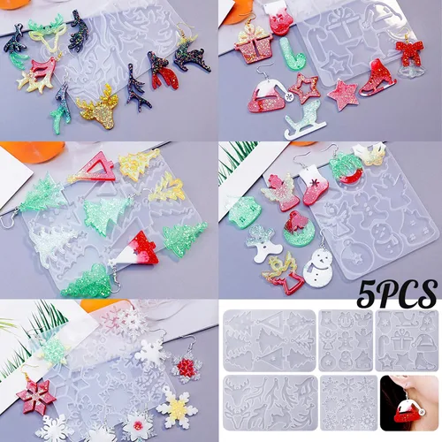 Miniatura 2 de Paquete de 5 moldes de resina para aretes, moldes de joyería de resina, moldes de silicona para colgantes de Navidad, varias formas, árbol de 5