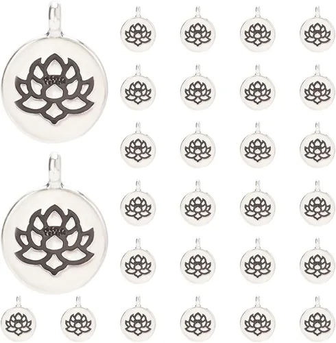 PH PandaHall 60 dijes de flores de loto, de aleación tibetana de plata antigua, dijes florales planos, dijes de cuentas de metal para pulseras,