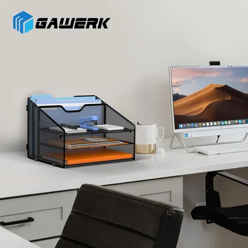 Miniatura 7 de Gawerk - Organizador de bandejas de cartas, Organizador de archivos de escritorio de malla con 3 bandejas de papel y 2 secciones verticales