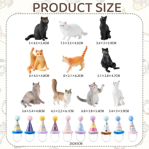 Miniatura 2 de 20 piezas de figuritas de gato en miniatura con kit de sombreros de cumpleaños, figuritas de gato pequeñas de resina, decoraciones para pasteles