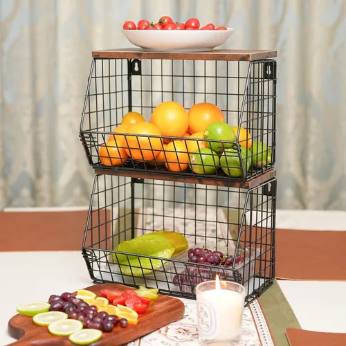 Miniatura 8 de Mefirt Frutero, cesta de frutas apilable montada en la pared con tapa de madera lisa con 4 ganchos para colgar plátanos, organizador de encimera