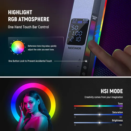 Miniatura 3 de NEEWER Barra de Luz LED RGB2 con Puerta de Granero de Metal, Mango, Barra Táctil/APP/Control 2.4G, Luz de Video RGB Magnética Recargable de Mano
