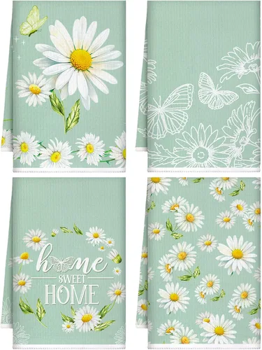 Honoson 4 paños de cocina con margaritas para cocina, diseño de flores y flores, absorbentes de té, color verde y blanco, para cocina, decoración de