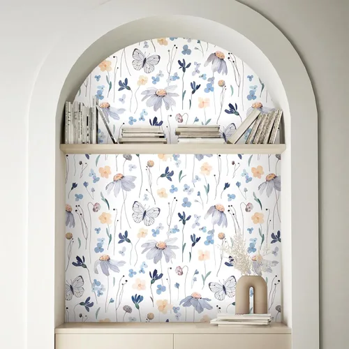 Miniatura 7 de CRE8TIVE Papel tapiz floral de acuarela para despegar y pegar, 24 x 118 pulgadas, diseño de mariposas amarillas/azules, para dormitorio, mural