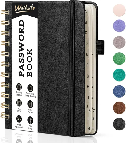 Miniatura 34 de WEMATE Libro de contraseñas con pestañas alfabéticas, libro en espiral para personas mayores, cuaderno de contraseñas de Internet, diario