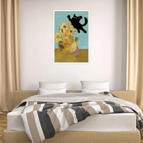 Miniatura 4 de Póster de Arte Gracioso de Gato Negro Vintage Van Gogh Girasol Gato Impreso en Lienzo Arte de Pared de Gato Lindo Estética de Animales