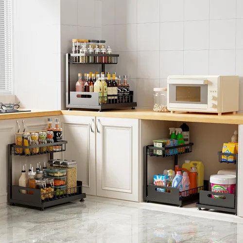Miniatura 4 de Saydear Organizador de almacenamiento para debajo del fregadero, organizador de armario de cocina extraíble de 2 niveles con cajón deslizante, Negro
