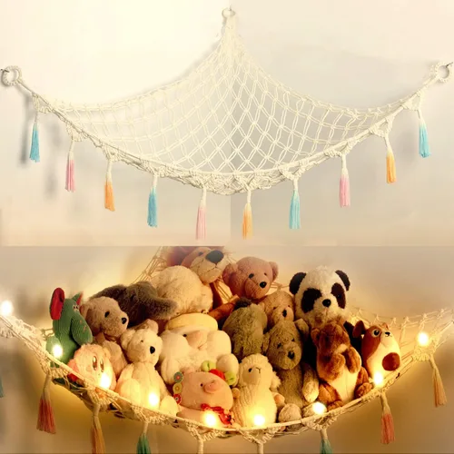 Red para Animales de Peluche o Hamaca con Luz, Yewiwin Red Colgante de Macramé Hamaca para Organizador de Almacenamiento de Juguetes de Animales de