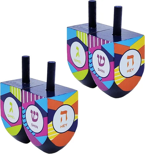 Miniatura 12 de The Dreidel Company Dreidels de Hanukkah de madera pintada a mano, extra grande, paquete de 10 diseños retro Dreidel 2-Multicolor