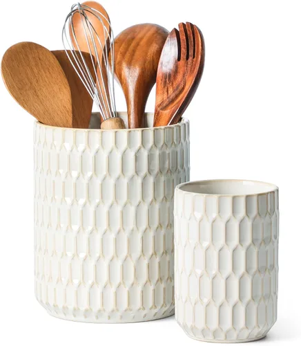 Portautensilios, 7.3"+5.4" Portautensilios de Cerámica para Cocina para Encimera, Recipiente Grande para Utensilios de Cocina para Encimera de Beige