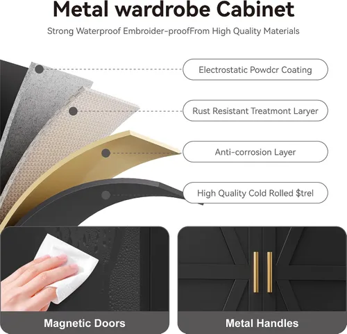 Miniatura 7 de YAUWOH Armario de Ropa de Estilo Granja con Cajones, Armario de Metal con Barra Colgante, Armario Metálico con Estantes Ajustables para Dormitorio