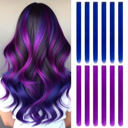 Miniatura 12 de 20 extensiones de cabello con clip de colores para niñas, extensiones de cabello arcoíris multicolor de 20 pulgadas, reflejos instantáneos, piezas