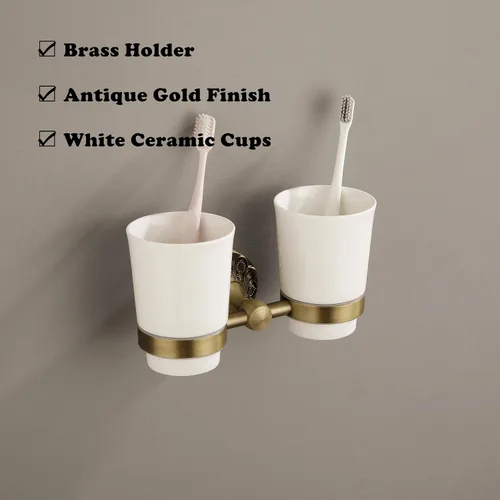 Miniatura 3 de Soporte doble para cepillos de dientes montado en la pared, soporte para taza de enjuague bucal para pared de baño, soporte de latón antiguo y dos