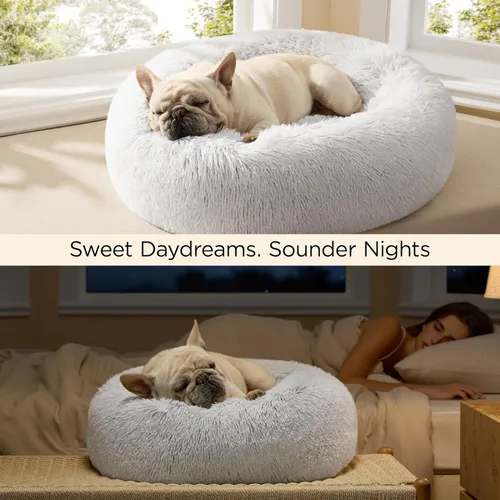 Miniatura 4 de Bedsure - Cama relajante para perros grandes, lavable, tipo dona, antideslizante, redonda, afelpada, mullida, de piel sintética, para mascotas Gris