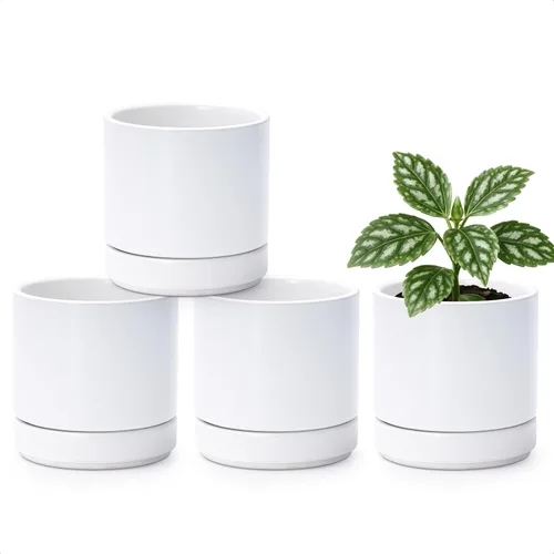 Miniatura 17 de D'vine Dev Juego de 4 macetas pequeñas de cerámica, maceta para suculentas de 3.5 pulgadas para plantas con orificio de drenaje y platillo