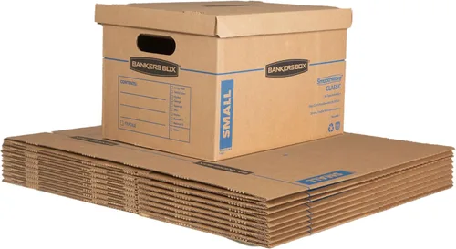Bankers Box Caja de mudanza clásica pequeña, paquete de 10 unidades, asas reforzadas, montaje sin cinta, caja con tapa, 15 x 12 x 10 pulgadas