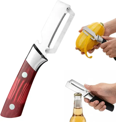 Ktchen - Pelador de verduras multifuncional 2026, cuchillo pelador de frutas grueso de acero inoxidable multifunción con mango de madera, 3-1, 1pcs