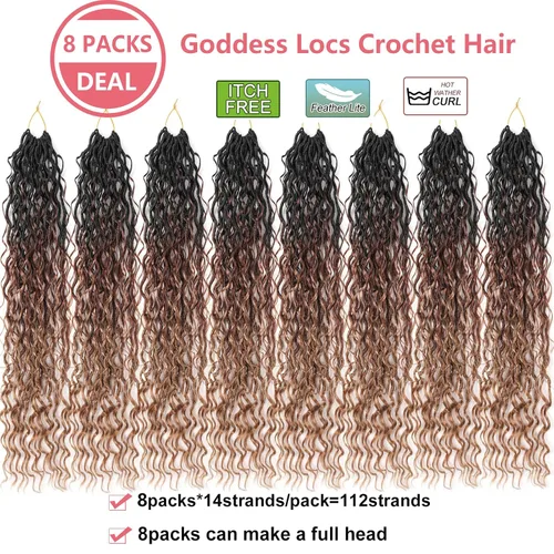 Miniatura 2 de Cabello de Ganchillo Goddess Locs Bohemio de Tres Tonos de 22 Pulgadas, 8 Paquetes de Cabello de Ganchillo Goddess Faux Locs con Extremos Rizados
