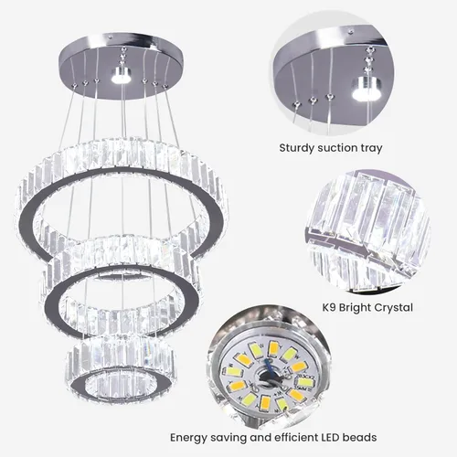 Miniatura 5 de CLAIRDAI Candelabros de Cristal de 3 Anillos Lámpara de Techo LED Candelabro para Techo Alto Candelabros Colgantes para Dormitorio Comedor Sala