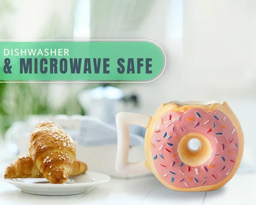 Miniatura 5 de Comfify Taza de cerámica con forma de dona – Esmalte rosa con chispas – Divertida cita "MMM... Donuts!" – Taza de café de 14 onzas para té