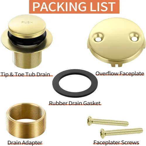 Miniatura 4 de Juego de Accesorios de Desagüe Tip-Toe Dorado para Bañera con Placa Frontal de Desbordamiento de Dos Agujeros, Kit de Ensamblaje de Desagüe