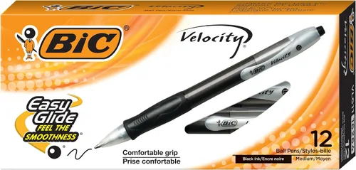 BIC Velocity - Bolígrafos retráctiles, punta media (0.039 pulgadas), tinta negra, paquete de 12 unidades, con agarre cómodo