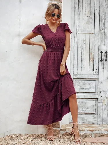 Miniatura 3 de PRETTYGARDEN - Vestido estilo bohemio, manga corta, cuello en V y plumetí con volados para mujer, vestido largo fruncido de cóctel