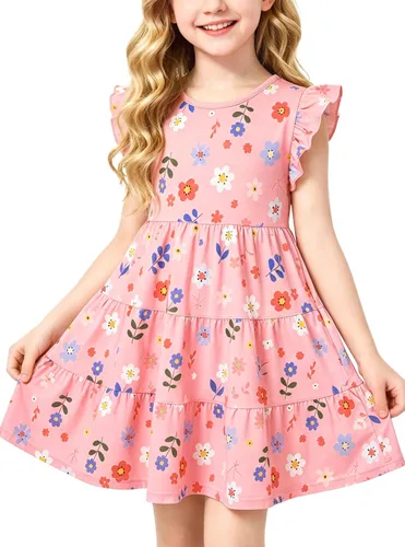 Miniatura 17 de Vestido casual para niñas, de algodón suave, manga corta, transpirable, acampanado, para adolescentes, talla 2T, 3T, 4T, 5, 6, 7, 8, 9, 10, 12, 13