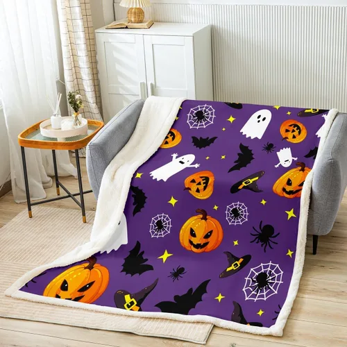 Miniatura 10 de Manfei Manta de Halloween con farol de calabaza, fantasmas, para decoración de habitación de niños y niñas, manta de araña negra para sofá, manta