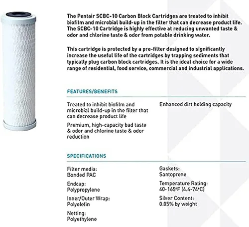 Miniatura 4 de Pentair Pentek SCBC-10 Filtro de agua de carbono, cartucho de repuesto de bloque de carbono de 10 pulgadas, PAC unido, 2.88 x 9.75 pulgadas, 0.5