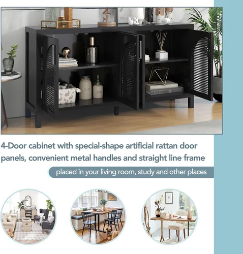 Miniatura 6 de Aparador de madera con puerta de ratán artificial y asas de metal, 4 puertas y estante ajustable, mesa de consola para comedor, sala de estar