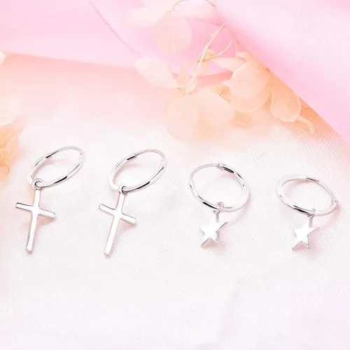 Miniatura 5 de YL Pendientes de aro de plata de ley 925 pulida con estrellacruzluna, círculo, aretes sin fin de 0.591in de diámetro