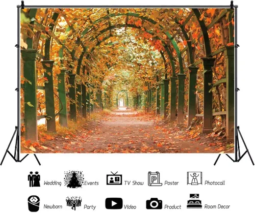 Miniatura 3 de shensu Telones de fondo de hoja de arce para fotografía, vinilo de 5 x 3 pies, túnel de jardín, hojas caídas de otoño, fondo de fotografía