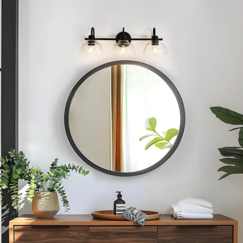 Miniatura 4 de KSANA Lámpara de baño negra, lámpara de tocador de 3 luces con pantalla de cristal transparente de gran apertura, moderna lámpara de pared de granja