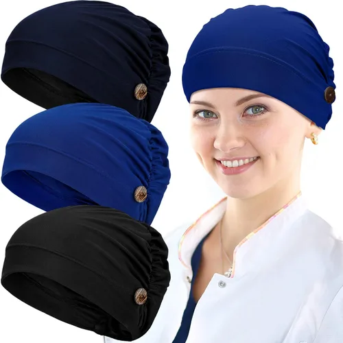 Miniatura 13 de Geyoga Gorras Bouffant con botones, unisex, elástica, turbante con botones para mujer, 3 piezas, Negro, Talla única