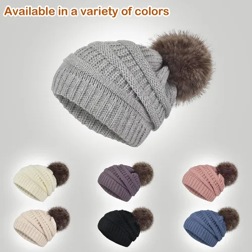Miniatura 6 de Conjunto de guantes de gorro holgado para mujer, tejido de invierno, cálido, forro polar con bonito pompón