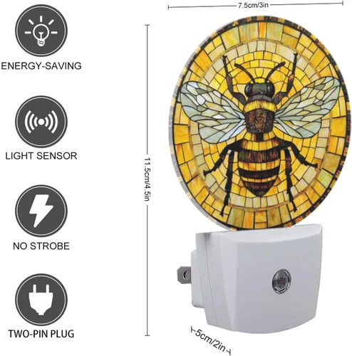 Miniatura 5 de Lámpara de Luz Nocturna LED Redonda con Sensor de Anochecer a Amanecer, Vidrio Emplomado Circular 3D con Luz Nocturna de Abejorro que se Enchufa a