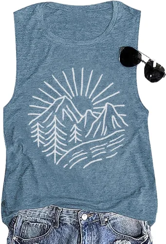 Miniatura 60 de Camisetas sin mangas de senderismo y montaña para mujer, divertidas camisetas de entrenamiento con gráficos de pino y amanecer, camisetas de verano