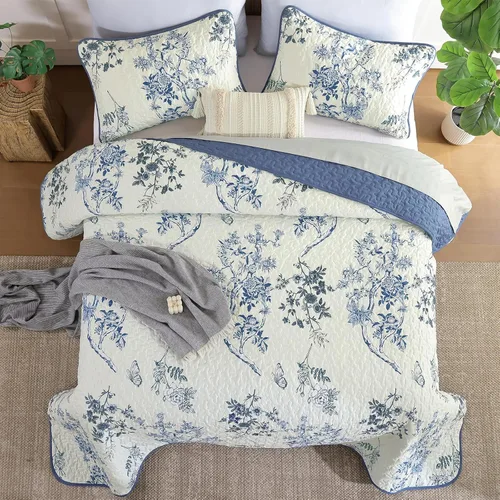 Miniatura 3 de WONGS BEDDING Juego de edredón floral matrimonial, juego de colcha con patrón botánico azul para mujeres, adolescentes y niñas, juego de ropa